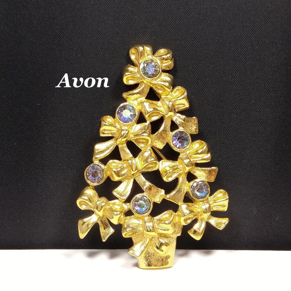 Avon Christmas Tree Brooch, Blue AB Rhinestones, Gold Tone 1960s Vintage Jewelry